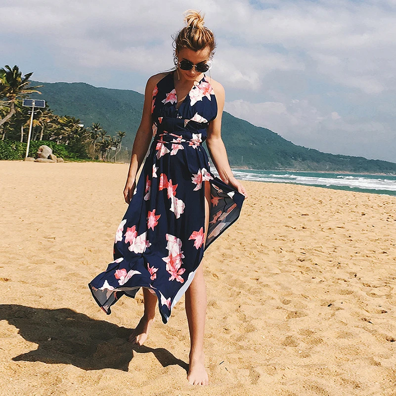 Сексуальный пляжный сарафан с принтом летнее женское платье 2020 v-образный вырез