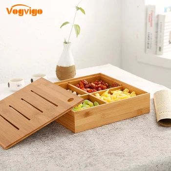 

VOGVIGO Wooden Living Room Bamboo 4 Grid Fruit Plate Wedding Candy Box Melon Snacks Dried Fruit Bowl Storage Box Food Storage