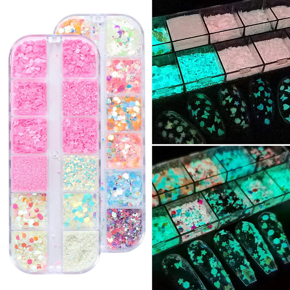 

12 Grids Luminous Holographic Butterfly Nail Glitter Flakes 3D Sparkly Gold Foils Sequins Polish Manicure for Acrylic Decoratio