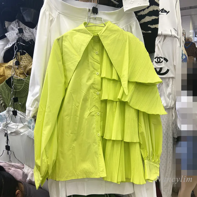 

Ruffles Blouse for Women Spring Autumn New Irregular Shirt Puff Sleeve Pleated Ruffled All-Matching Loose Top Female Nancylim