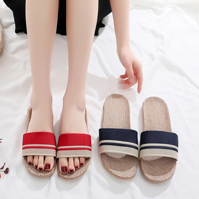 

Multi Colors Summer Flax Slippers Women Men Casual Linen Slides Non-Slip Home Flip Flops Indoor Shoes Unisex Sandals Beach