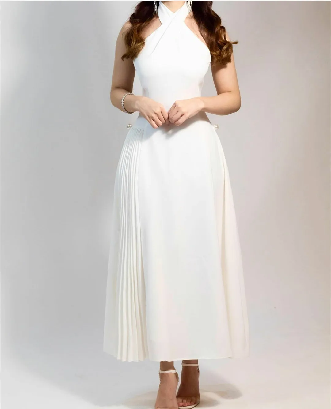 

Short Ivory Chiffon Muslim Evening Dresses With Pearls فساتين السهرة A-Line Halter Tea Length Robe de soirée for Women