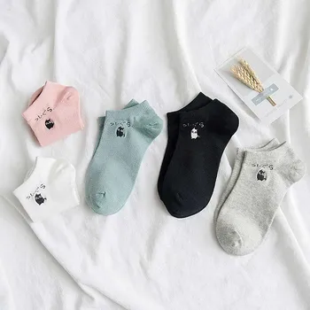 

New Leisure Solid Color Cartoon Cat Short Sock Breathable Comfortable Cotton Sweat Women Short Sock Chaussettes