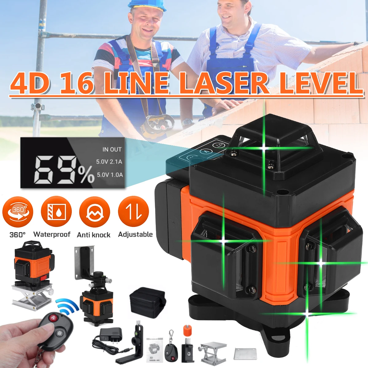 16 Lines Laser Level 4D Self Leveling 360 Horizontal And Vertical Cross with LED Display Green