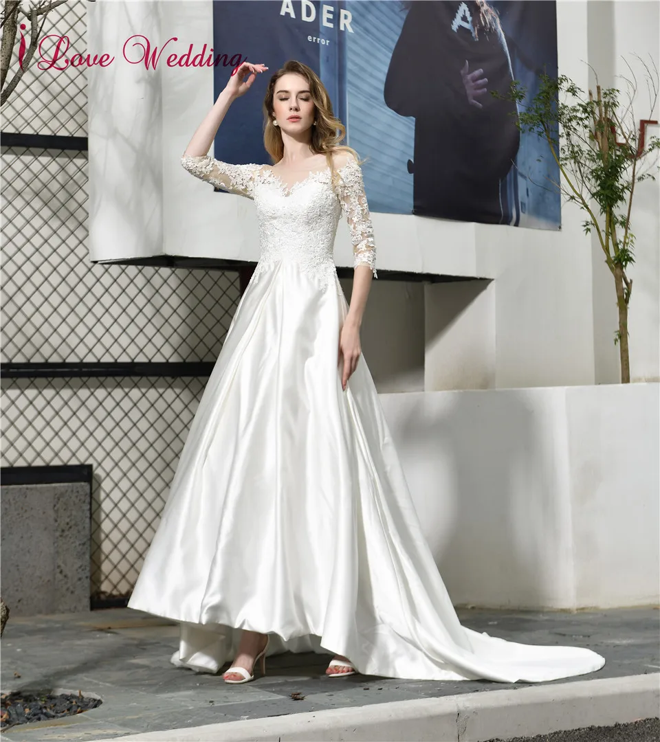 Vestido De novia Половина рукава невесты платье на заказ с аппликацией из кружева атласный суд Поезд Линия Свадебные платья