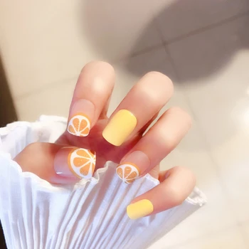 

24pcs French Ballerina Fake Nails Grapefruit Pattern Acrylic False Nails Decorated Long Press On Fashion Finger Nail Art Tips