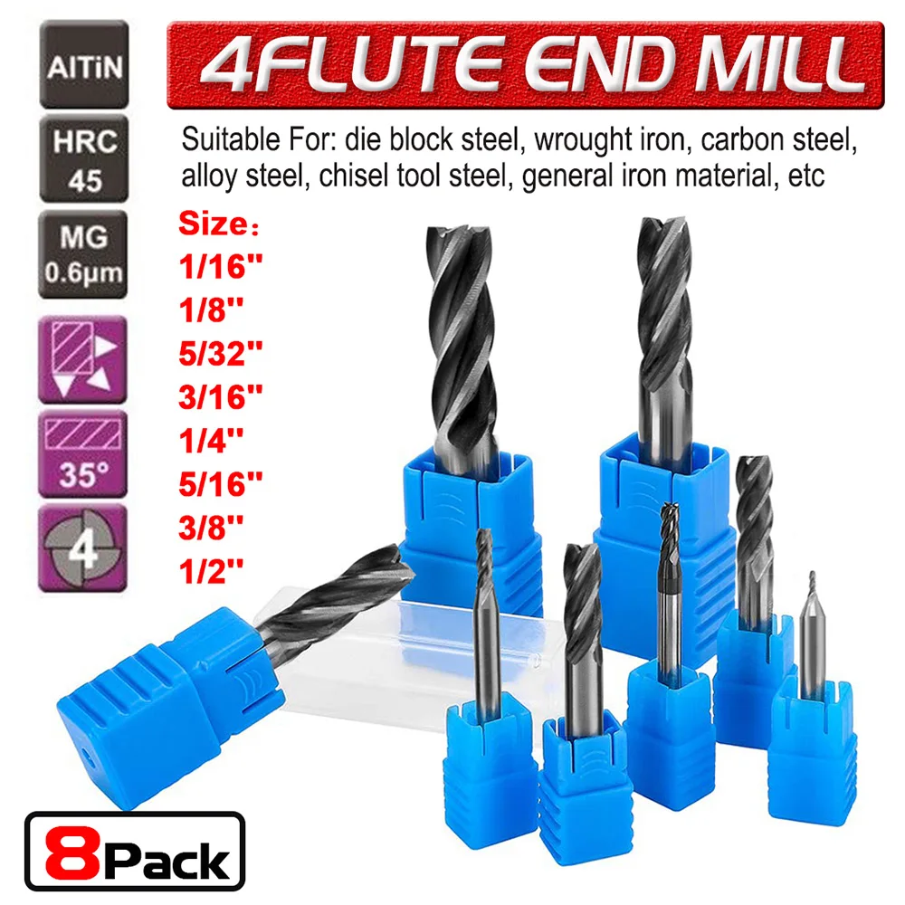 8pcs Solid Carbide End Mill 4 Flute TiAlN Coated  Micrograin Carbide Slot Drill 1.5-16mm End Mill Bit for Metal Drilling Working 8pcs hrc50 carbide end mill 4 16mm 4 flute tialn coated micrograin carbide slot drill bit set for wood steel alloy steel tool