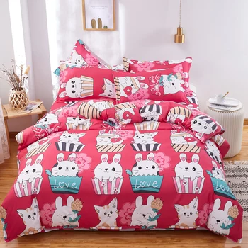 

Red rabbit bedding set duvet cover+flat sheet+pillowcase AB side home textile bed linens