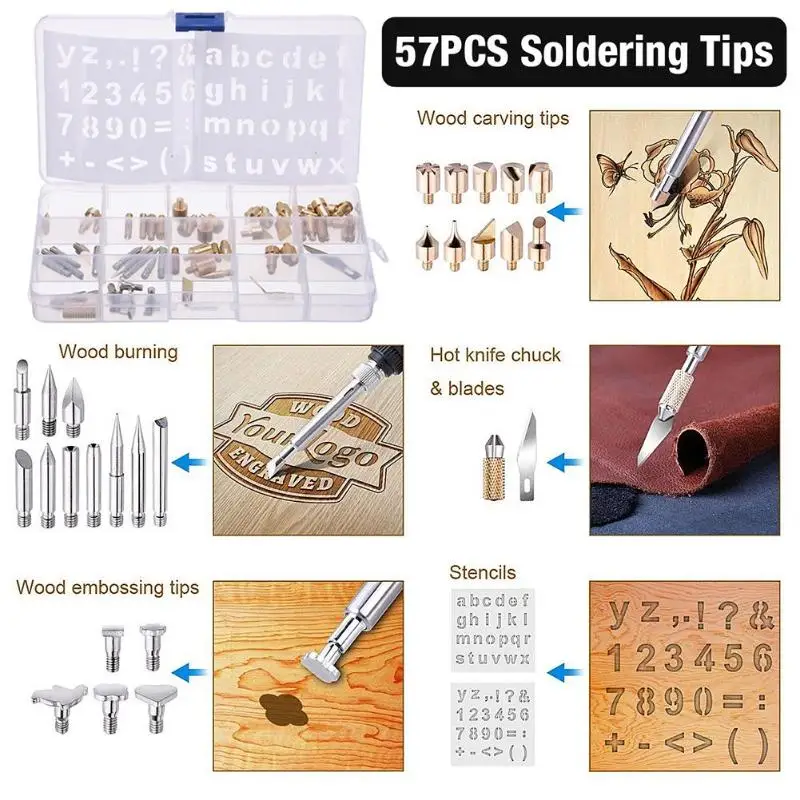 Electric Soldering Iron Tip 57pcs/set for Pyrography Woodworking Carving Stencil Rugged Durable with Long Lasting Life