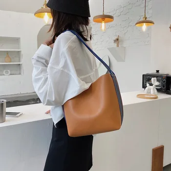 

Youth Ladies Simple Versatile Bag Women Bucket Shoulder Bag Fashion Hit Color PU Leather Shopping Handbag Totes