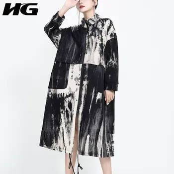 

HG Autumn Winter Clothes Women Vintage Trench Coat for Women Tie Dye Gradient Windbreaker Standing Collar Long Top GCC2366