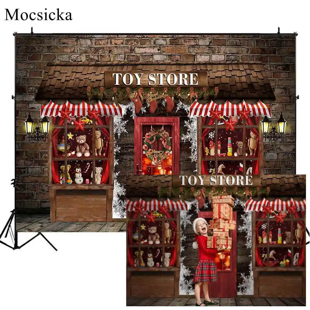 

Mocsicka Merry Christmas Toy Store Backdrop Vintage Brick Wall Garland Photo Background Newborn Kids Photography Props Photozone