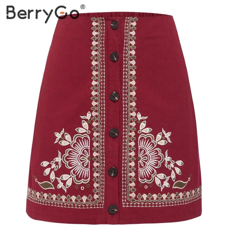 BerryGo винтажная женская короткая юбка с цветочной вышивкой, Женская богемная юбка с высокой талией, трапециевидная Женская мини-юбка на пуговицах