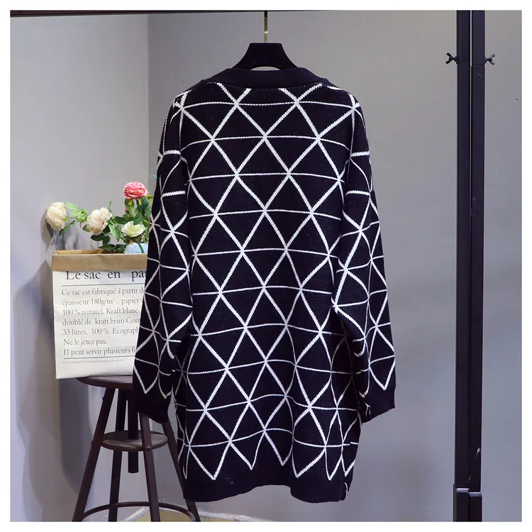 CHRLEISURE геометрический трикотажный длинный кардиган тренд сшивание женские свитера теплый большой вариант кардиганы