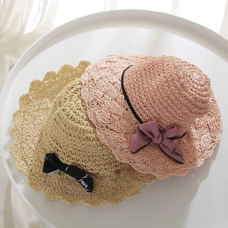 

H7434 Children's Straw Hat Summer Kids Outdoor Sunscreen Sun Cap Girls Sunshade Bowknot Fashionable Hollow Handmade Crochet Hats