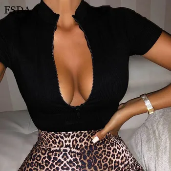 

FSDA Sexy Women T Shirt Black White Zipper V Neck Summer Short Sleeve Crop Top Casual Cotton Tee