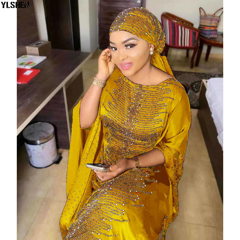 African Dresses for Women Dashiki Diamond African Clothes Bazin Boubou Robe Africaine Muslim Long Dress Headtie Head Wraps Grown 02