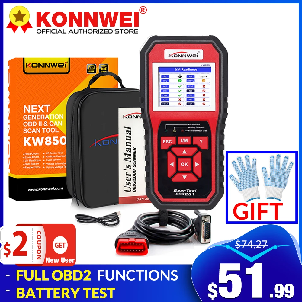 Konnwei kw850 completa obd2 carro ferramentas de diagnóstico obd 2 scanner automático verificação do motor o2 sensor de teste de bateria obdii leitor código pk cr3008