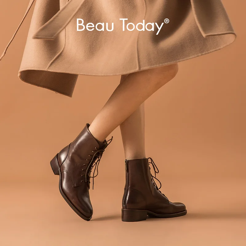 BeauToday; Модные ботильоны; женские зимние сапоги из натуральной коровьей кожи с воском, круглым носком, молнией сзади, на шнуровке; ручная рабо... BeauToday; Модные ботильоны; женские зимние сапоги из натуральной коровьей кожи с воском, круглым носком, молнией сзади, на шнуровке; ручная рабо...