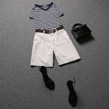 

striped women set 2020 summer new cotton v-neck t-shirts and knee-length solid shorts female shorts suits top quality