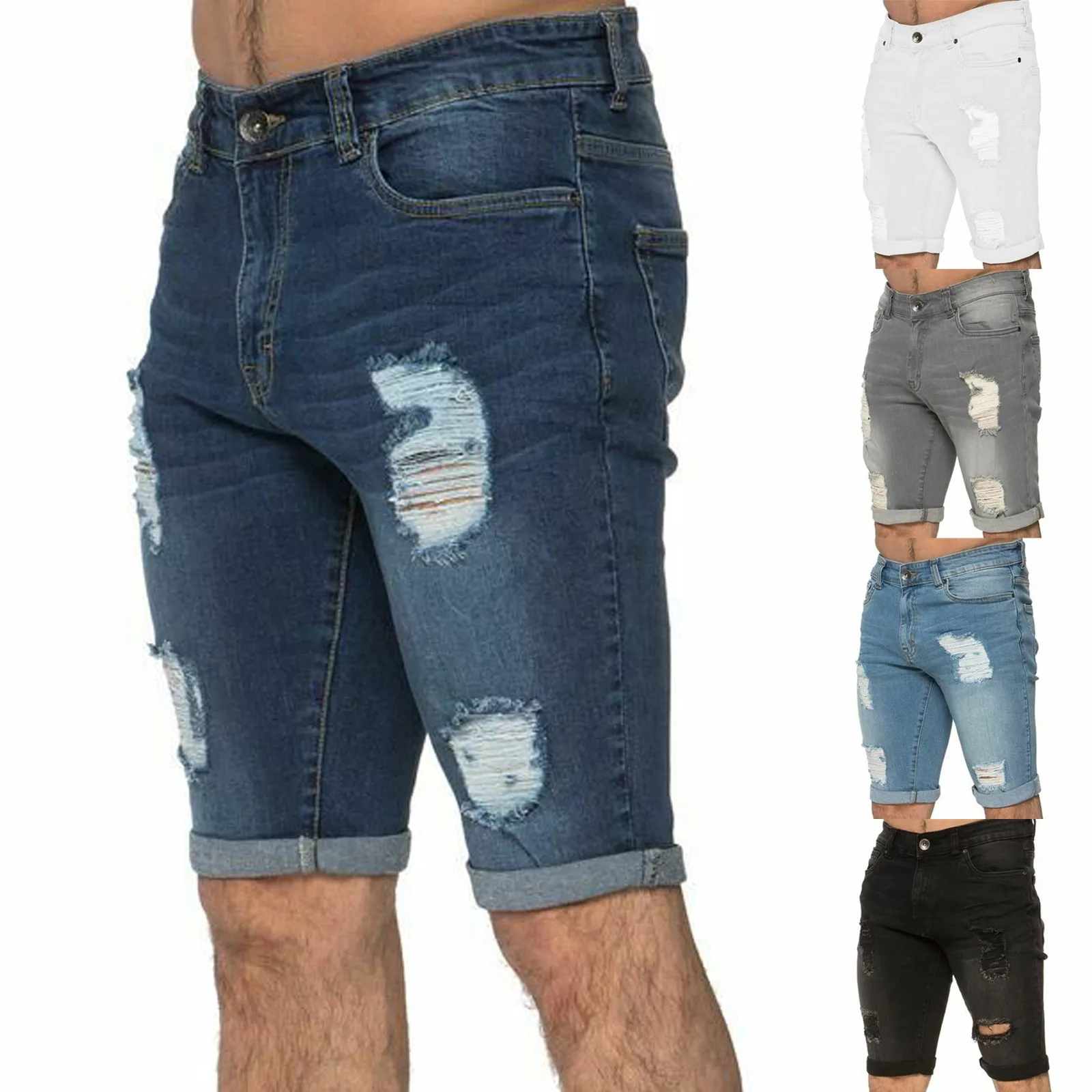 Men's Mid Waist Short Pants Micro Elastic Casual Wear Hole Five Point Denim Shorts High Quality Comfy Denim Shorts Dropshipping 1