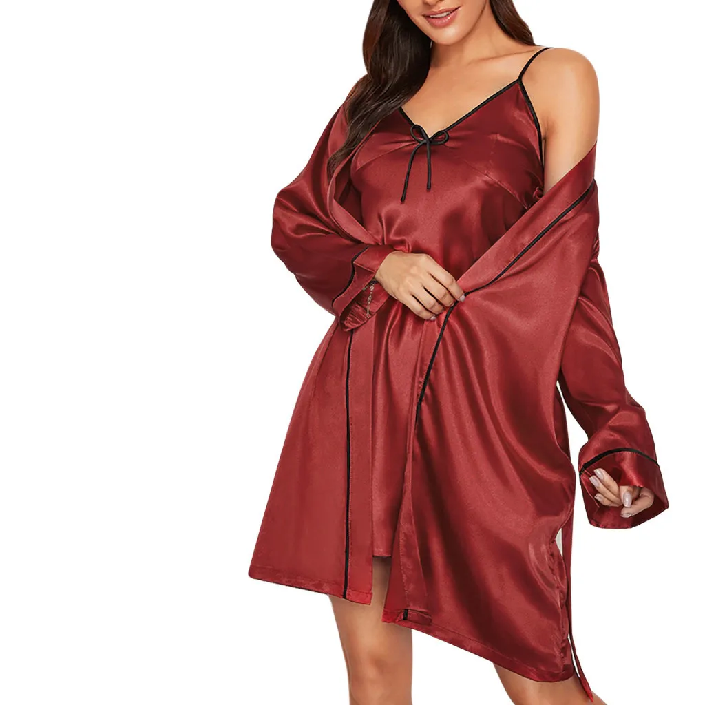 Plus Size Sexy Pajamas Mujer Silk Satin Bathrobe Babydoll Sleepwear Long Sleeve Camisole Night Dress 2Pcs Robe Gown Sets Womens | Женская