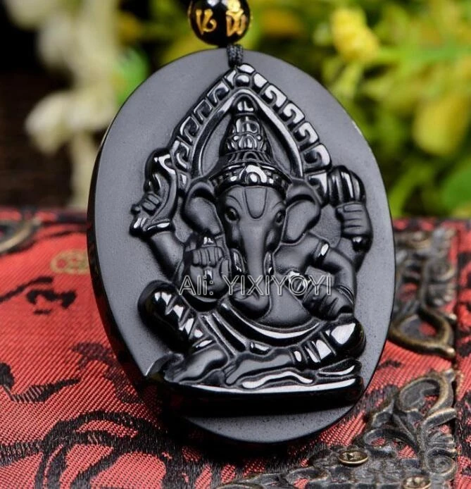 Pendant Necklace Beautiful Handwork Natural Black Obsidian Carved Elephant Nose Buddha God of Wealth Lucky Pendant + Beads Necklace Gift Jewelry
