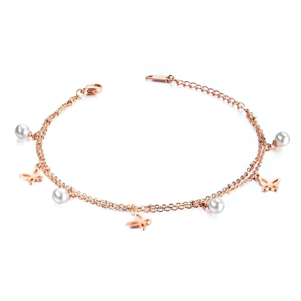 

Double Layers Rose Gold Butterfly Summer Beach Anklet High Quality Lady Imitation Pearl Butterfly Anklet For Girl Gift GZ094