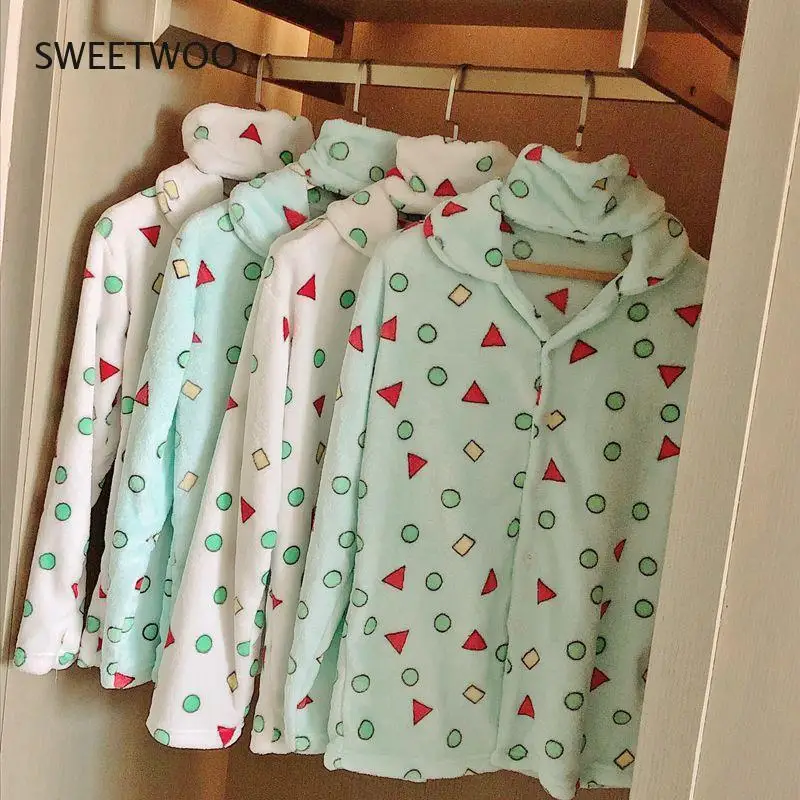 Flannel Pajamas Men and Women Winter Kawaii Cartoon Geometric Pattern Coral Fleece Home Clothes Warm Thickening Set Couples
