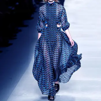 

Summer New 2020 Women Sexy Open Waist Long Hollow Chiffon Vacation Beach Print Blue Dress Luxury Brand Runway Party Clothes
