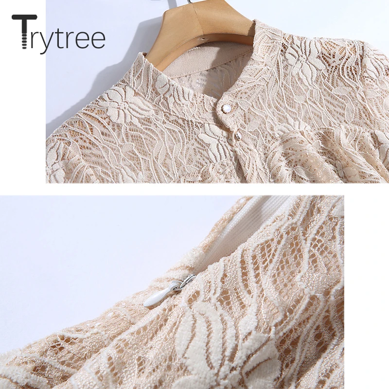 Trytree/осень, женское Повседневное платье, воротник-стойка, три четверти, рукав, кнопка, кружево, а-силуэт, элегантное офисное женское платье до середины икры