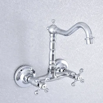 

Silver Color Polished Chrome Brass Wall Mounted Bathroom Kitchen Sink Faucet Swivel Spout Mixer Tap Dual Cross Handles msf784