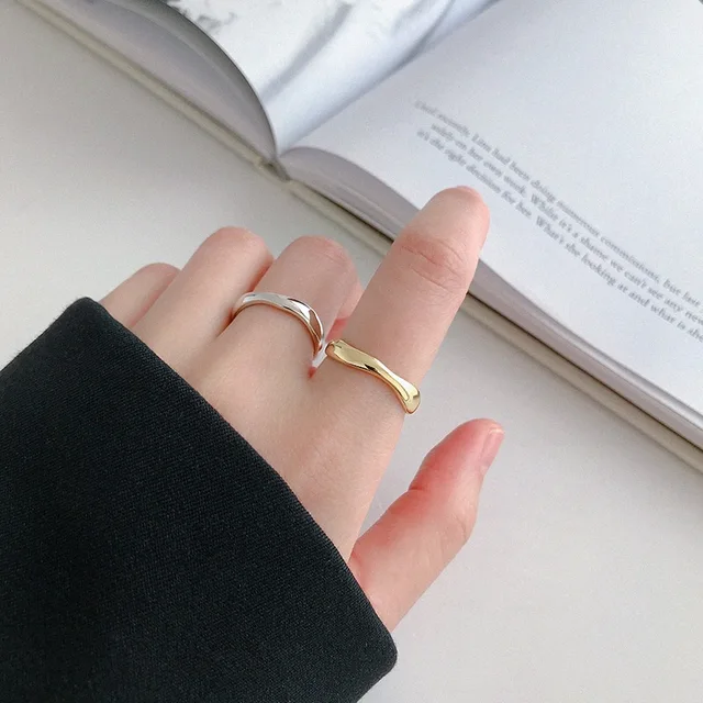 100% 925 Sterling Silver Open Ring for Women INS Minimalist Irregular Wave Pattern Gold Color Jewelry Bijoux Birthday 5