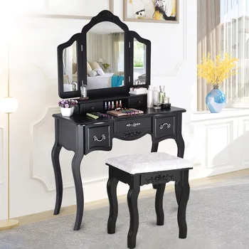 

Bedroom Furniture Modern Dresser Manmade Board Solid Wood Leg Dressing Table Creative Toilet Makeup Table With 5 Drawer Mirrors