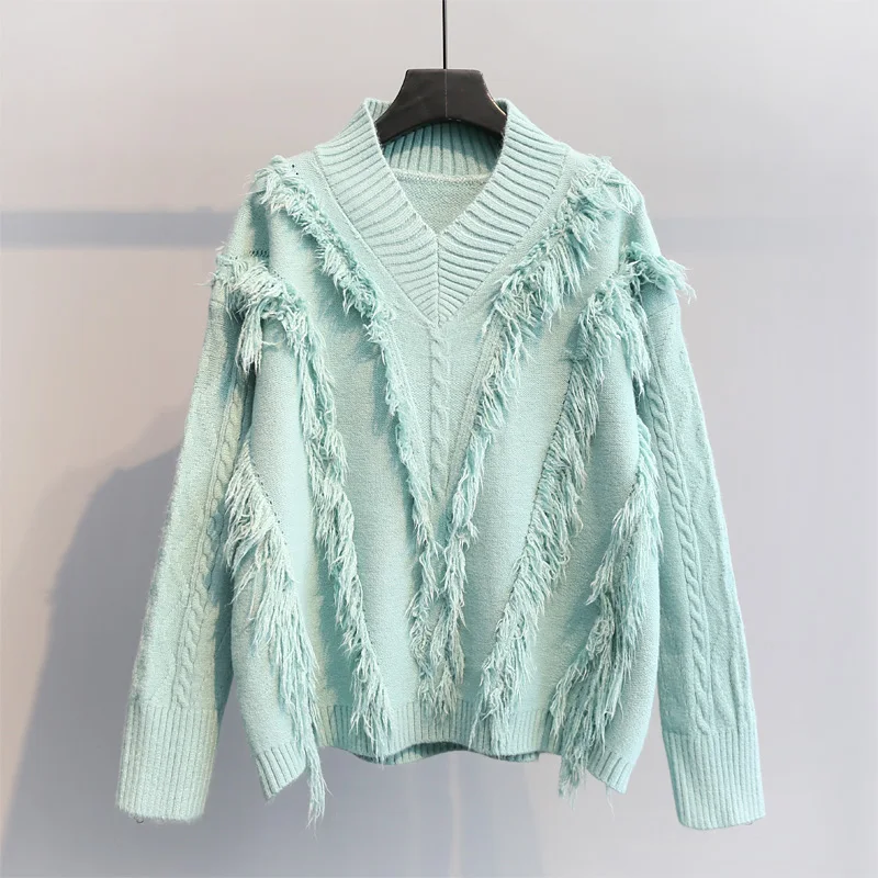 Autumn New New Year V-neck Fringed Sweater Casual Knitted Sweater Women Jumper Womens Top Winter Sweater Tricot Pullover - Цвет: green
