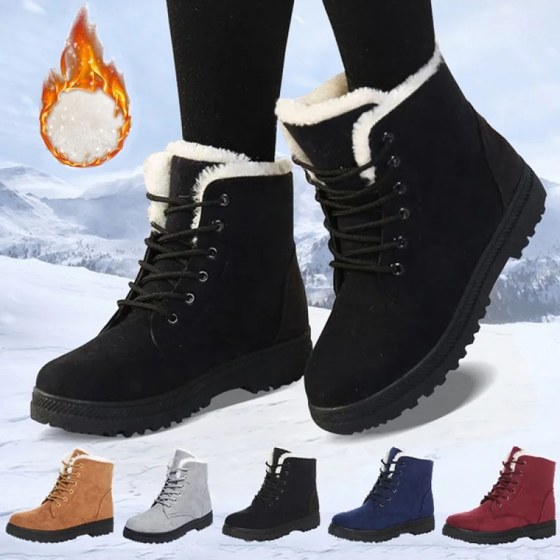 Women Winter Snow Boots Warm Flat Plus Size Platform Lace Up Ladies Women's Shoes New Flock Fur Suede Ankle Boots Female