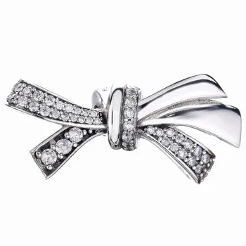 

New 925 Sterling Silver Bead Charm Sparkling Oversized Brilliant Bow With Crystal Beads Fit Bracelet Bangle Diy Jewelry