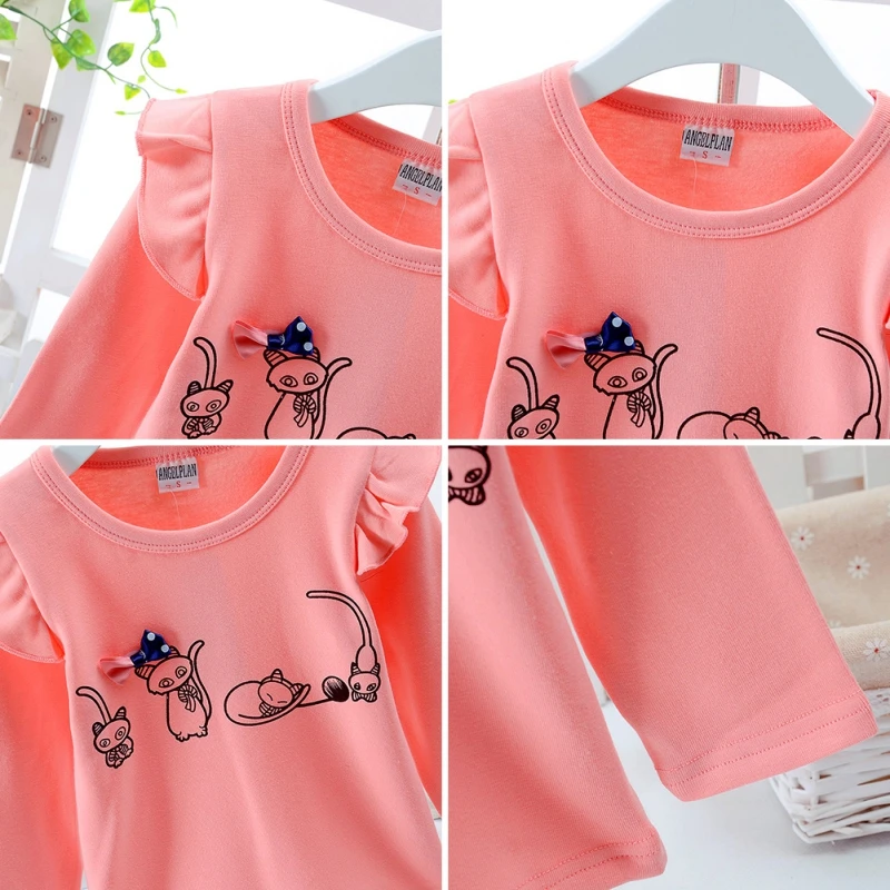 Весенне-осенние Топы для маленьких девочек; футболки с длинными расклешенными рукавами; удобные рубашки с принтом кота из мультфильма; детские топы; Повседневная Блузка для девочек