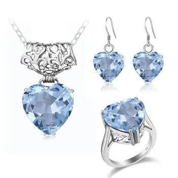 

Silver Jewelry Set For Women Cute Heart Blue Aquamarine Ring Earring Pendant Wedding Engagement Party Bridal Jewelry Sets New