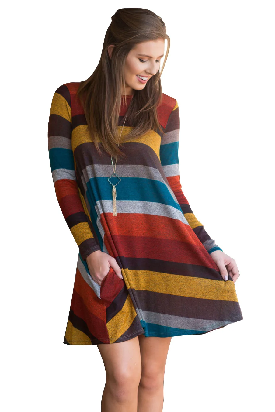 

Loose Striped Dress Woman Autumn Winter Female Vestido Casual Long Sleeve Rainbow Dress Woman