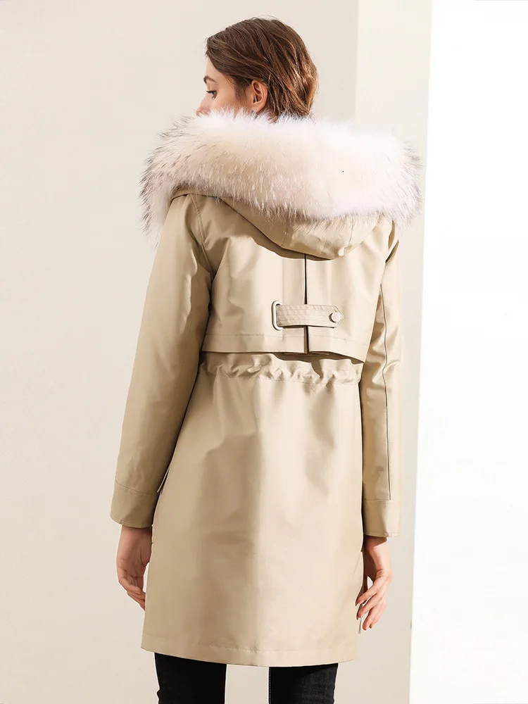 Big Natural Raccoon Fur Collar Hooded Long Parka Jacket Women Real Rabbit Fur Inside Coat Parka Ladies Winter Warm Outwear