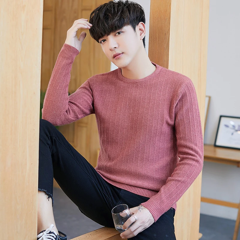 

Sweater men's round neck slim thin sweaters men autumn winter warm solid color bottoming shirt
