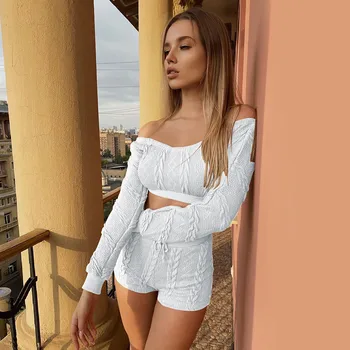 

Slash Neck Long Sleeve Crop Tops 2 Pieces Shorts Set Women Elegant Ribbed Knitted Autumn Skinny Elastic Casual Women Short Sets