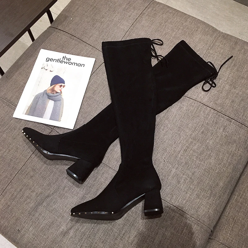 6 см толстом каблуке ботфорты на высоком каблуке Для женщин зимние Утепленная одежда Тонкие сапоги до бедра женский, черный, украшенная заклепками; ботинки с высоким голенищем
