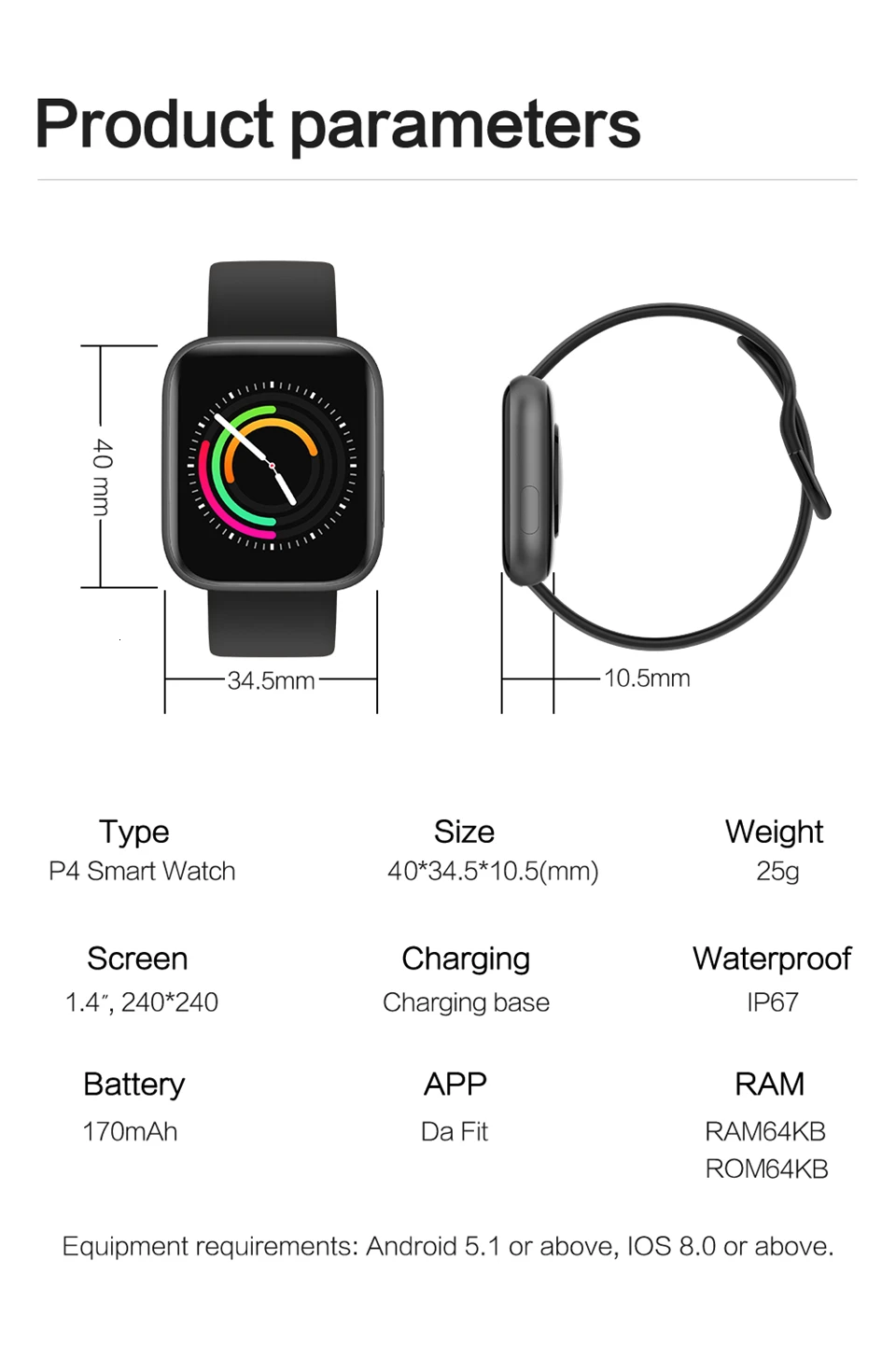 Смарт-часы P4 для женщин и мужчин, 1,4 дюймов, полный сенсорный экран, IP67, водонепроницаемые, умные часы, монитор сердечного ритма PK P68 P70 P80 для Xiaomi
