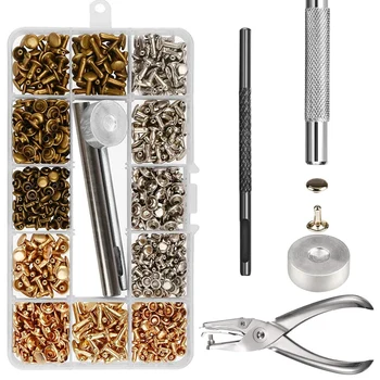 

300 Sets Leather Rivets Double Cap Rivet Tubular Metal Studs with Punch Pliers Fixing Set Tools for DIY Leather Craft Rivets Rep