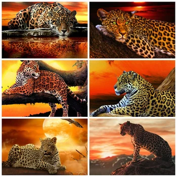 

HUACAN Diamond Painting Kit Sunset Leopard Diamond Embroidery Sale Animal Pictures Of Rhinestones Full Mosaic Craft Kit