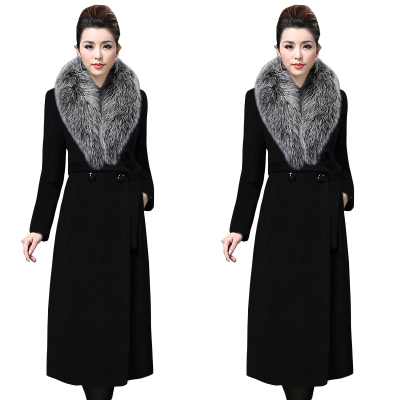 Женское шерстяное пальто с большим мехом зимняя теплая верхняя одежда из