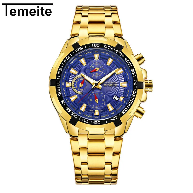 gold blue Temeite золотые часы для мужчин лучший бренд класса люкс часы для мужчин s водонепроницаемые кварцевые наручные часы мужские спортивные часы Montre Homme - Цвет: gold blue