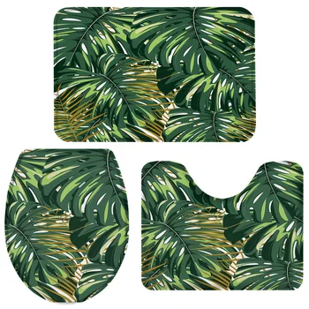 

3 Pieces Bathroom Set Tropical Plant Monstera Bath Set Toilet Cover Mat Pedestal Rug Non-Slip Bathroom Rug Set